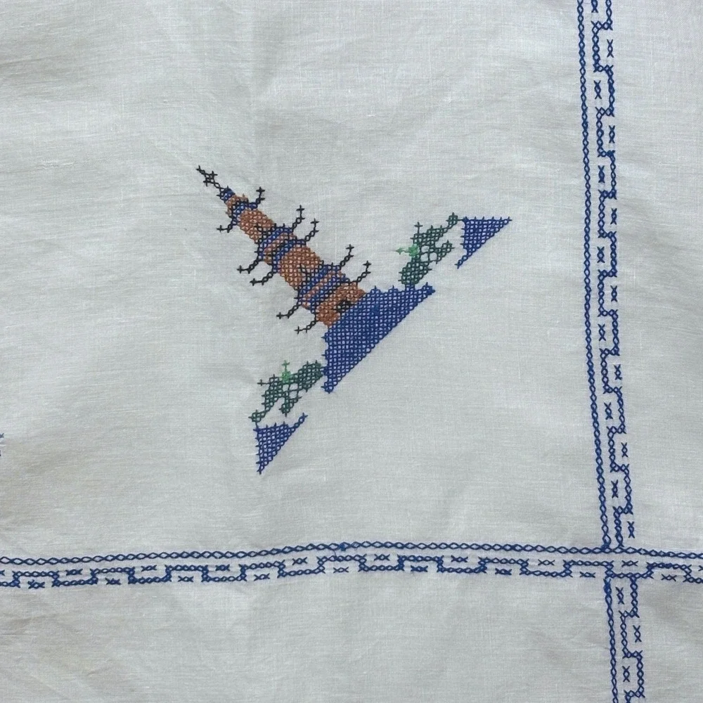 VTG Square Linen Tablecloth 48x48 Cross Stitch Embroidered White Pagoda Asian